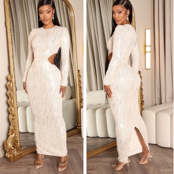 Fashion Nova Dresses & Skirts - FASHION NOVA Giving Details Sequin Maxi Dress in Nude